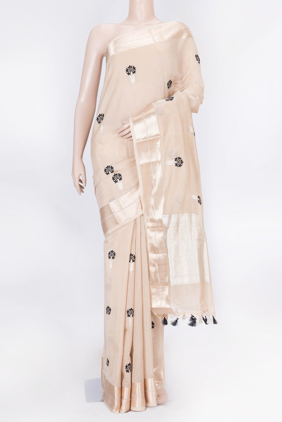 Beige Dual Tone Banarasi Saree with Zari Brocade on the body and Zari Border displayed on a mannequin