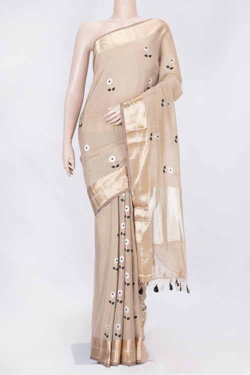 Beige Dual Tone Banarasi Saree with Zari Brocade on the body and Zari Border displayed on a mannequin