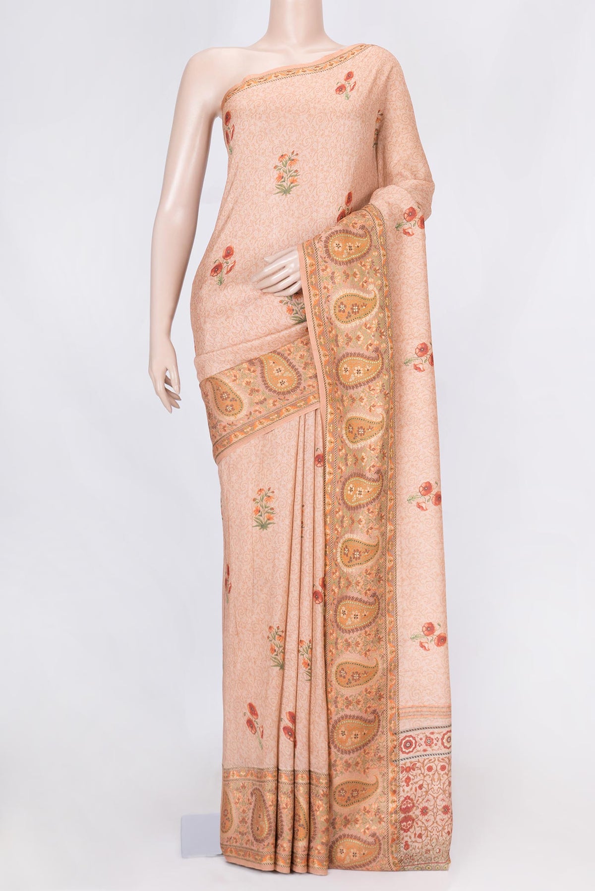 Peach Dual Tone Blended Tussar Silk Saree with Printed design on the body and Fancy Border displayed on a mannequin