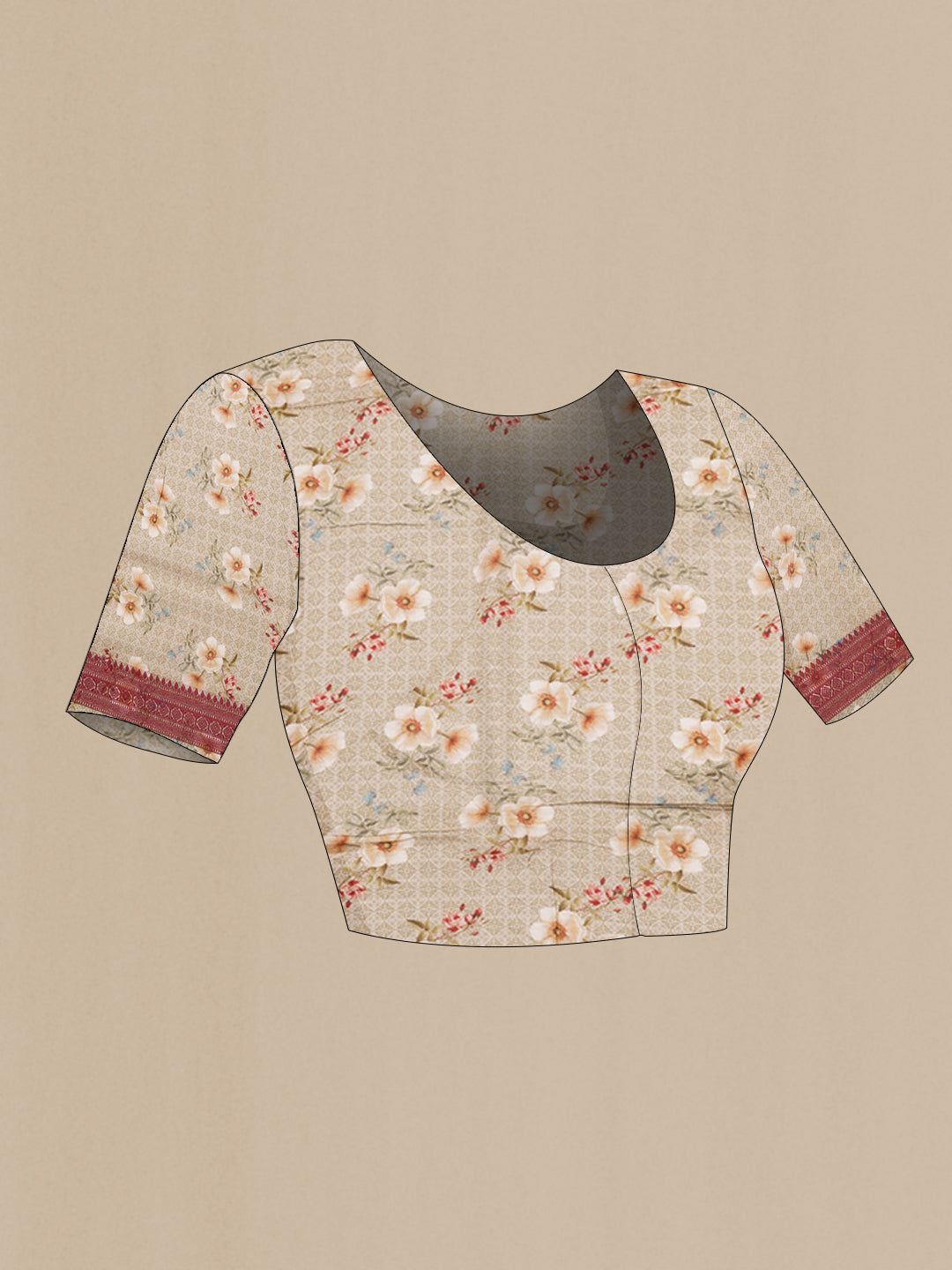Close up image of the blouse of Beige Chanderi Silk Saree with Printed design on the body and Thread Border. 
