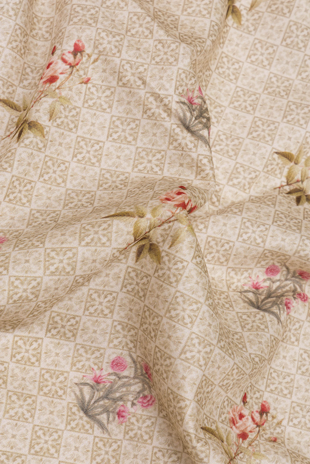 Close up of Beige Chanderi Silk Saree with Printed design on the body and Thread Border.  displaying folds