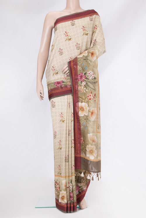 Beige Chanderi Silk Saree with Printed design on the body and Thread Border.  displayed on a mannequin