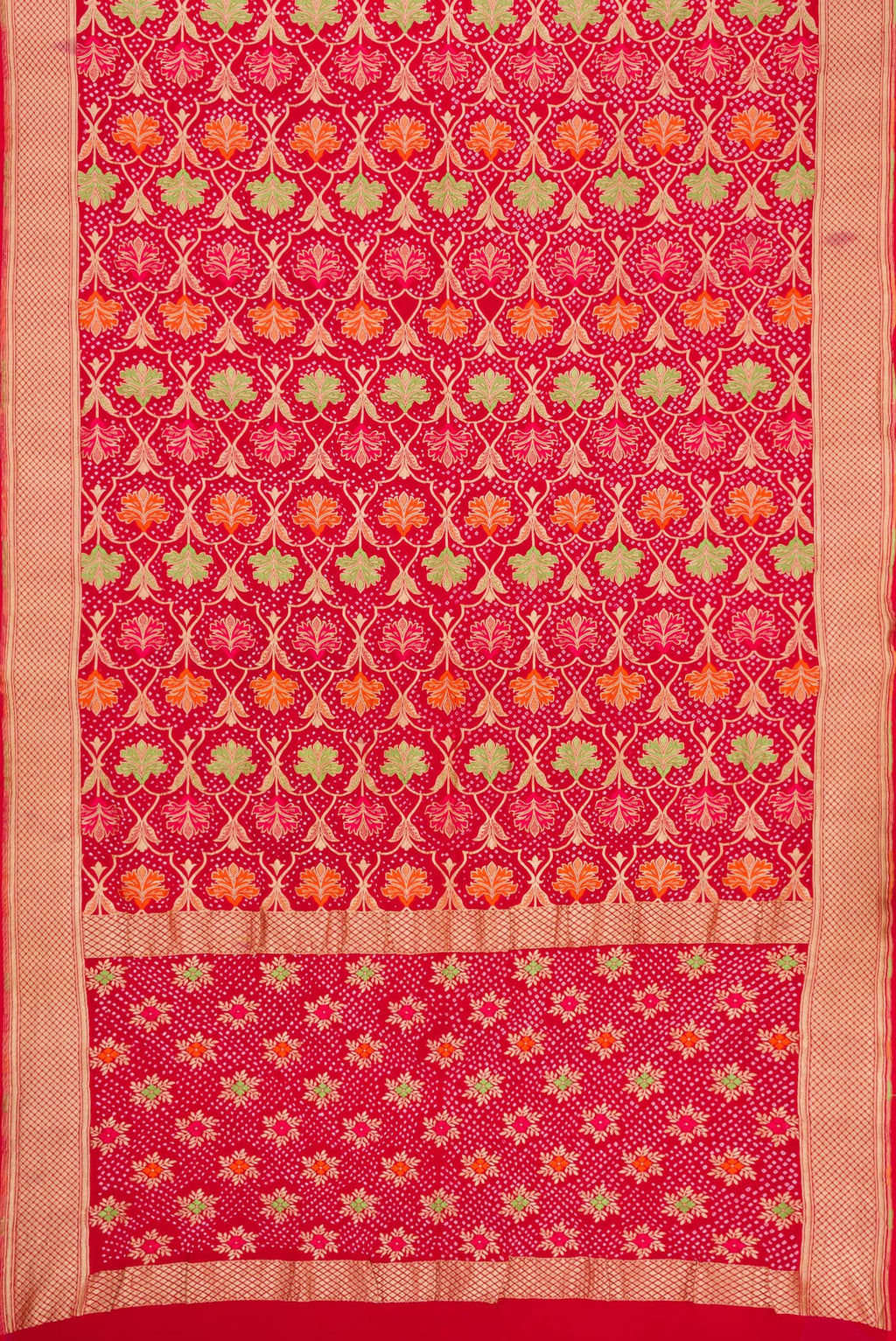 Flat view of Red Dual Tone Banarasi Georgette Saree with Zari Brocade on the body and Zari Border. 