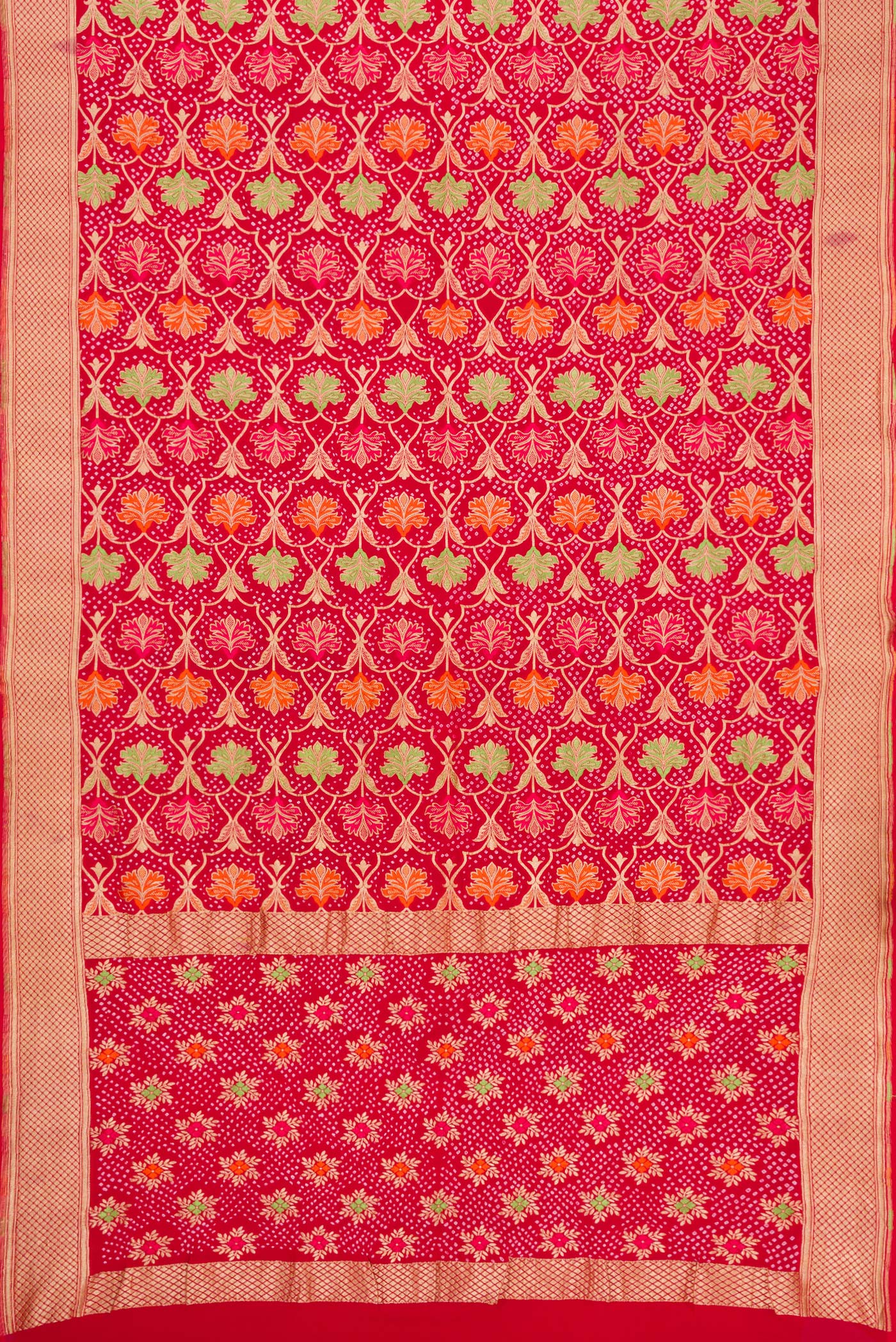 Flat view of Red Dual Tone Banarasi Georgette Saree with Zari Brocade on the body and Zari Border. 