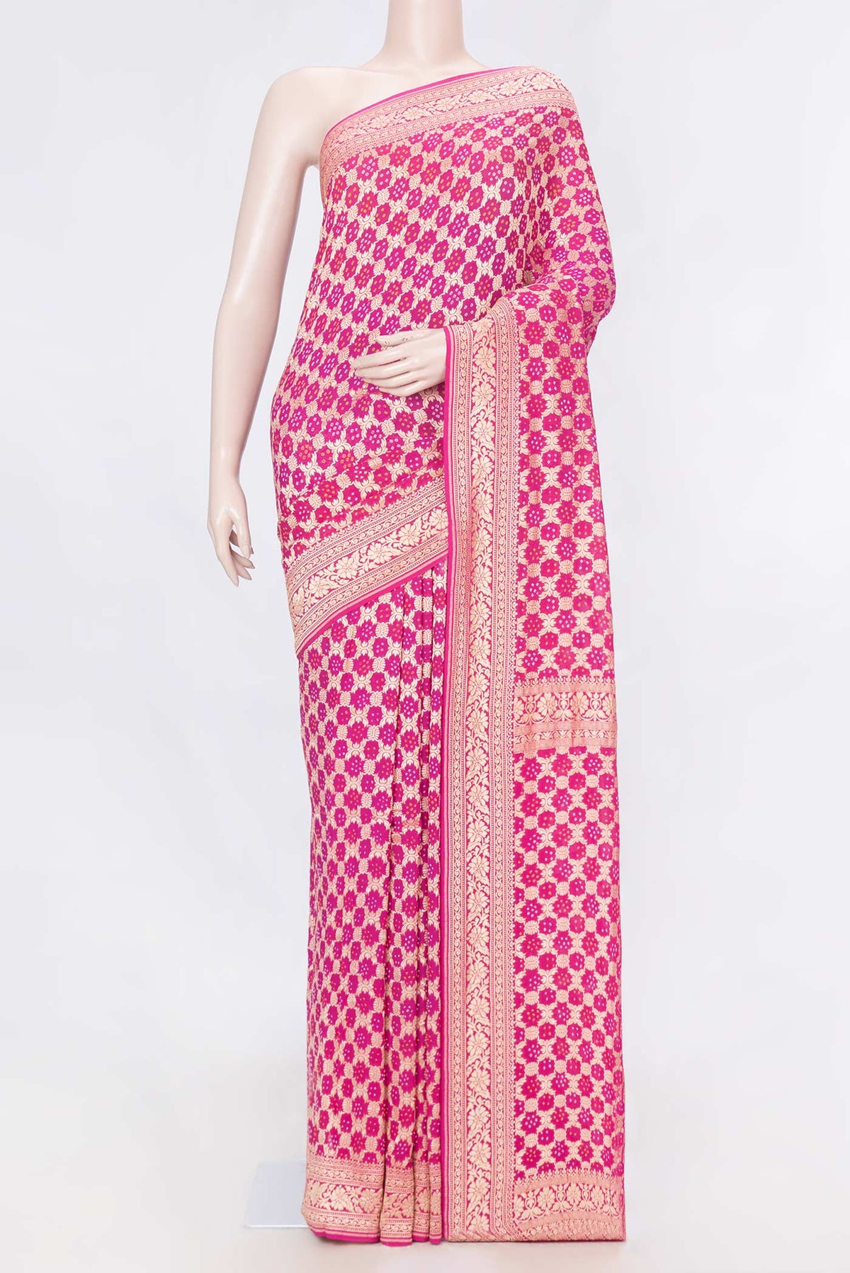 Pink Dual Tone Banarasi Georgette Saree with Zari Brocade on the body and Zari Border displayed on a mannequin