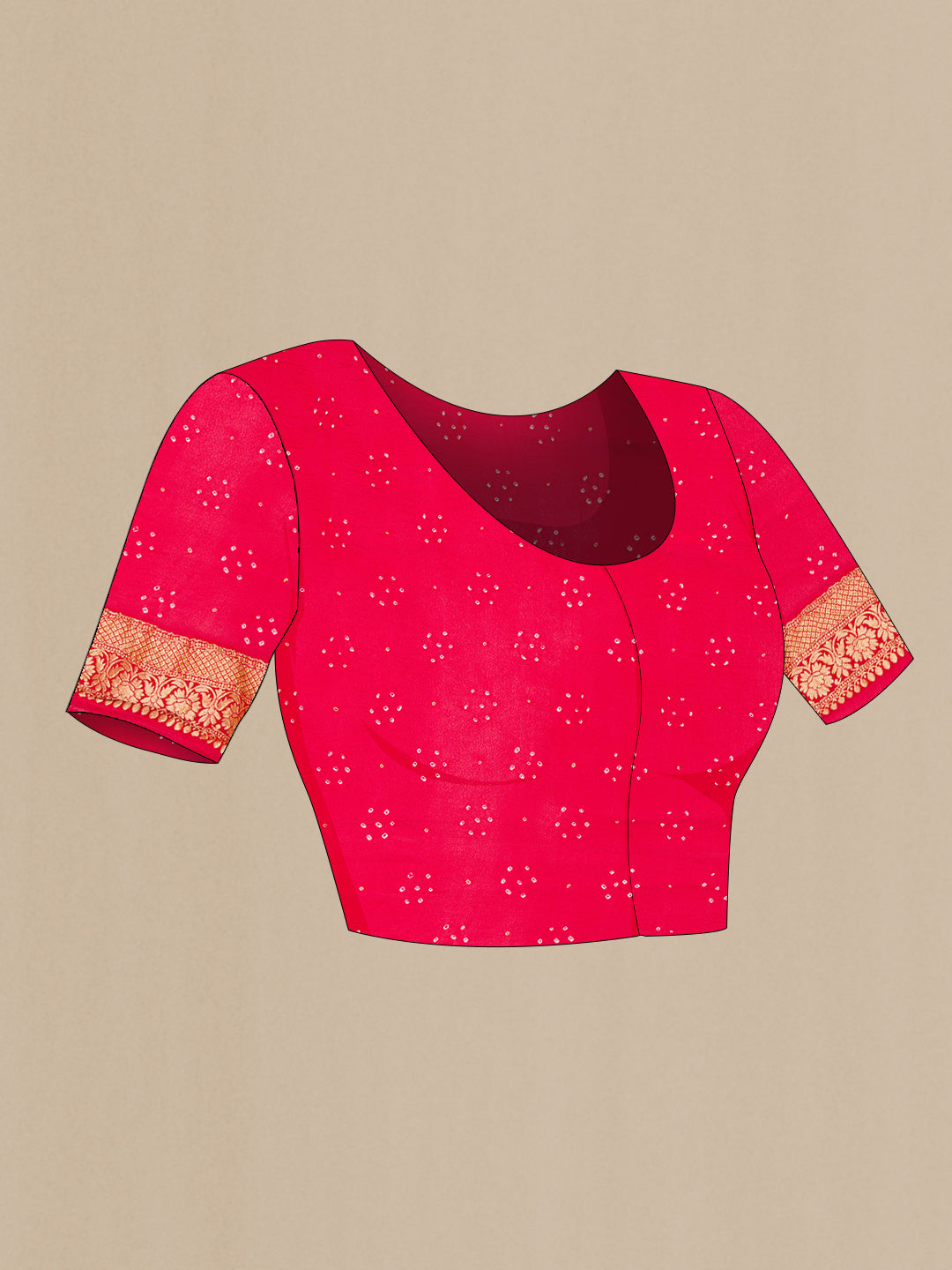 Close up image of the blouse of Pink and Red Color Bandhani Silk Saree with Bandhani Print on the body and Zari Border. 
