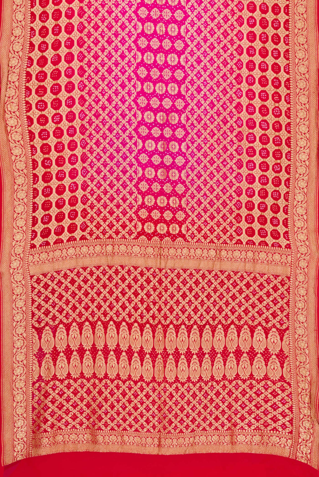 Flat view of Pink and Red Color Bandhani Silk Saree with Bandhani Print on the body and Zari Border. 