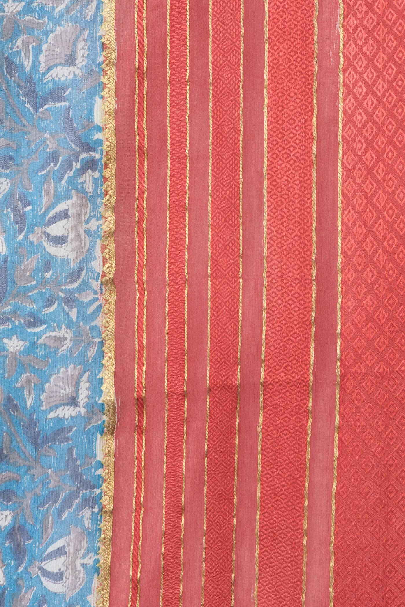 Border image of Peacock Blue Dual Tone Mysore Chiffon Saree with Printed design on the body and Zari Border. 