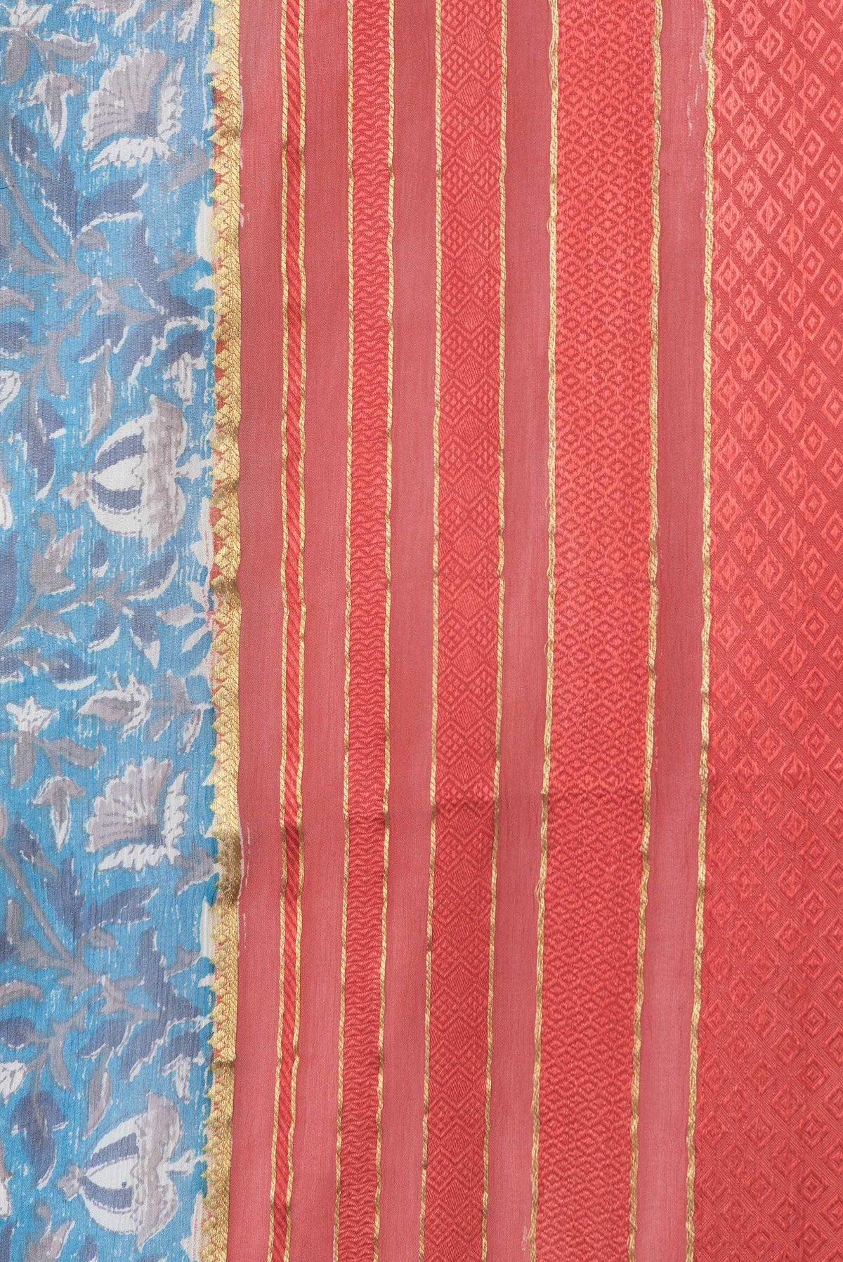 Border image of Peacock Blue Dual Tone Mysore Chiffon Saree with Printed design on the body and Zari Border. 