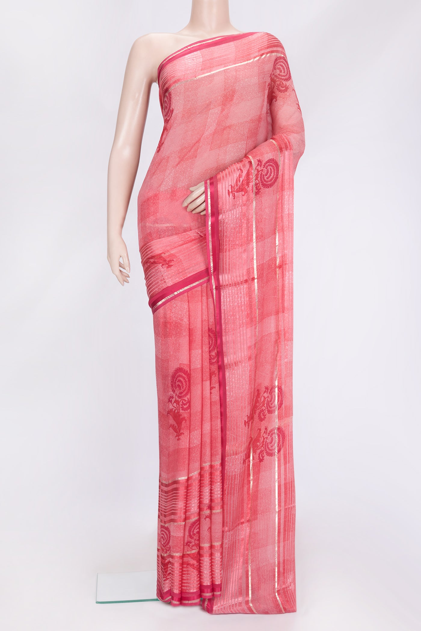 Pink Dual Tone Georgette Saree with Printed design on the body and Zari Border.  displayed on a mannequin