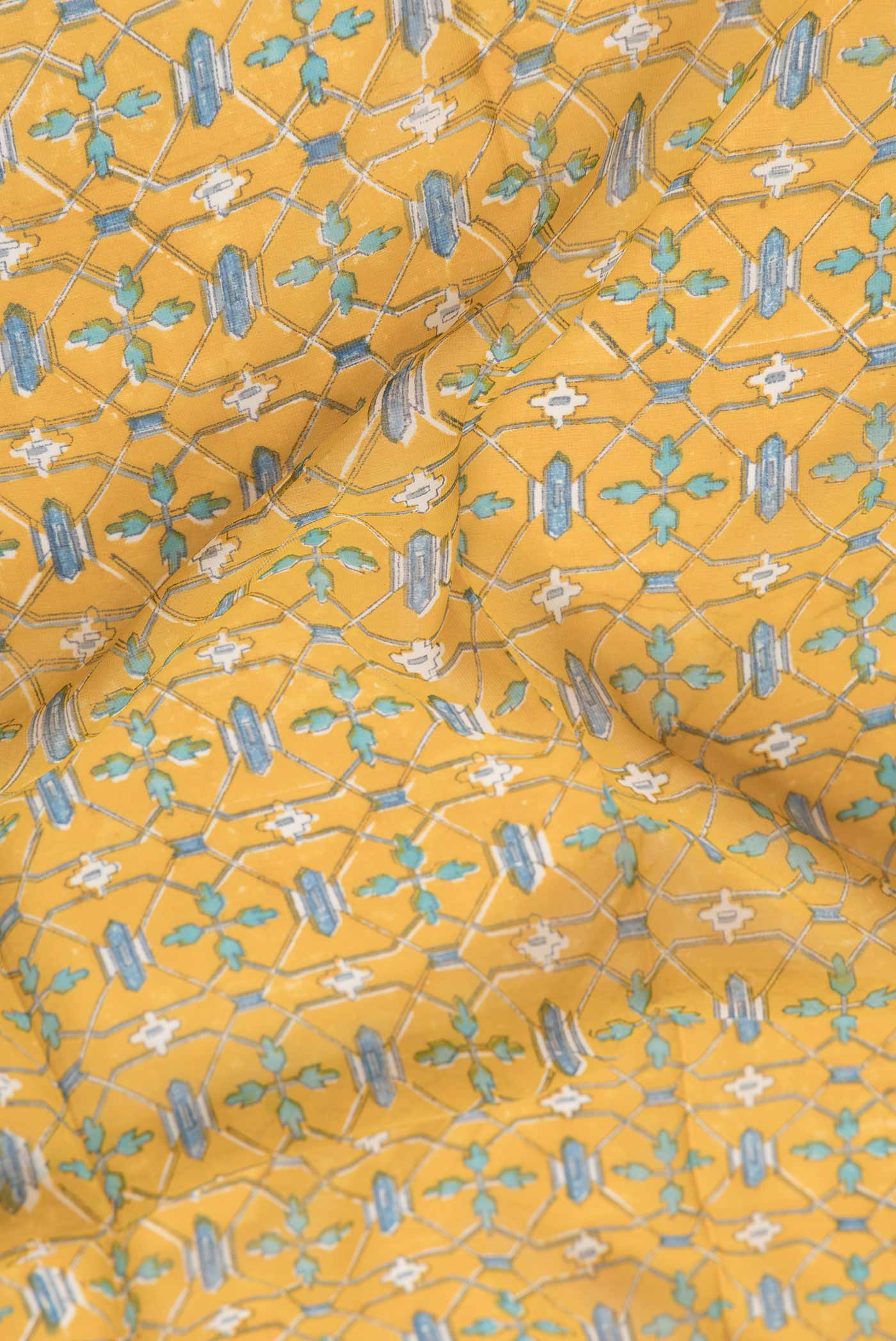 Close up of Mustard Dual Tone Mysore Georgette SareePrinted design on the body and Zari Border displaying folds