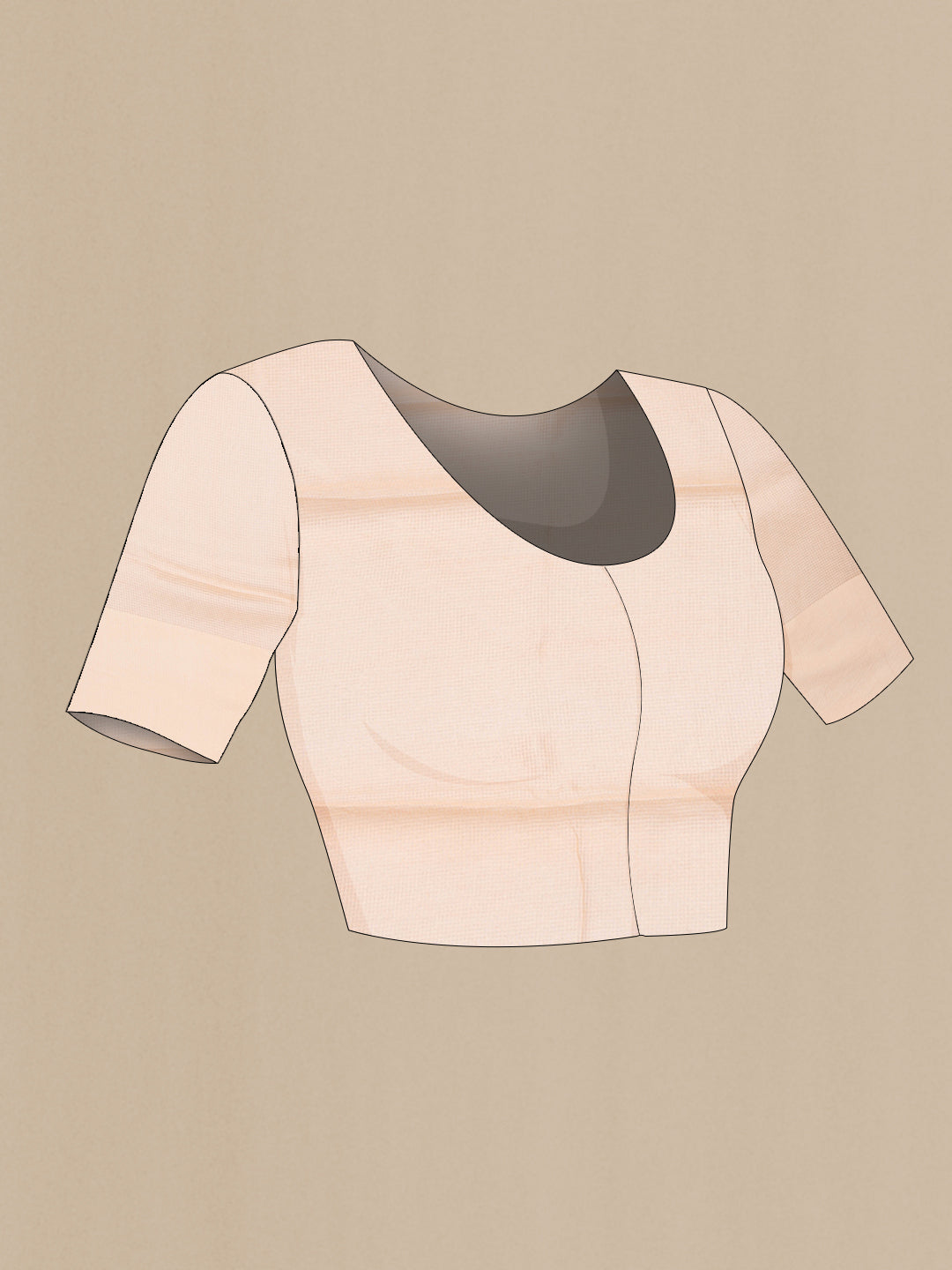 Close up image of the blouse of Peach Dual Tone Kota Silk Saree with Checked design on the body and Plain Border. 