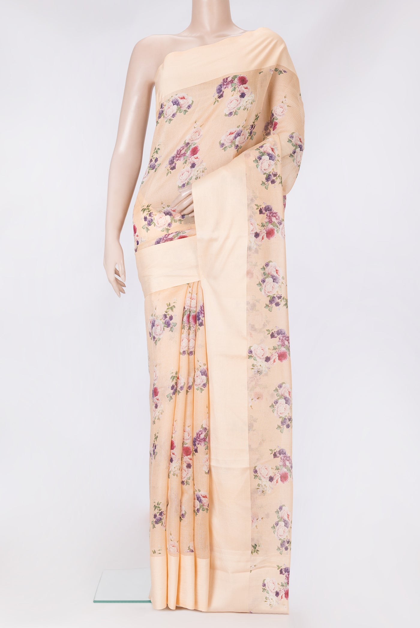 Peach Dual Tone Kota Silk Saree with Checked design on the body and Plain Border.  displayed on a mannequin