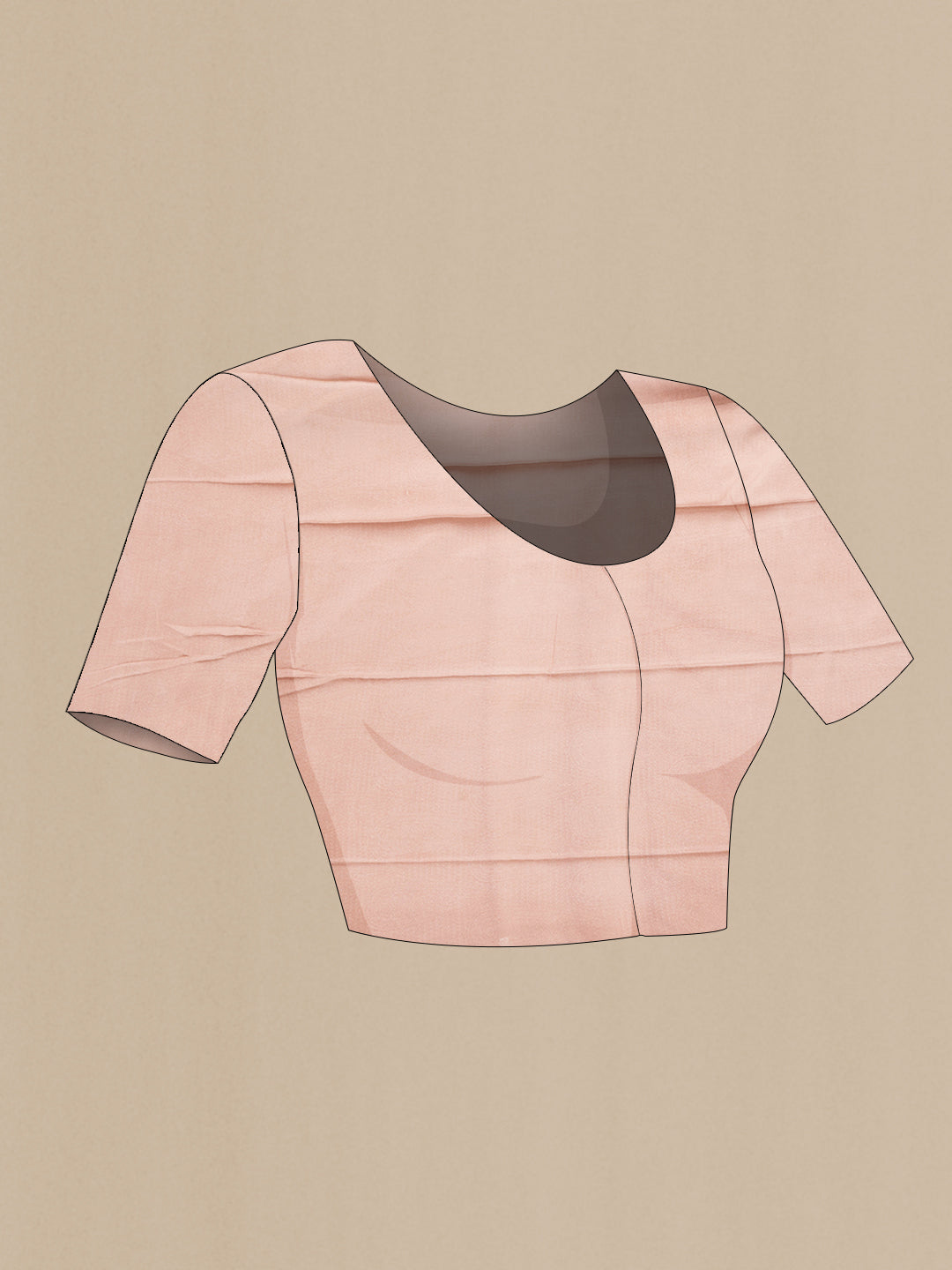 Close up image of the blouse of Peach Dual Tone Mysore Crepe Saree with Printed design on the body and Zari Border. 