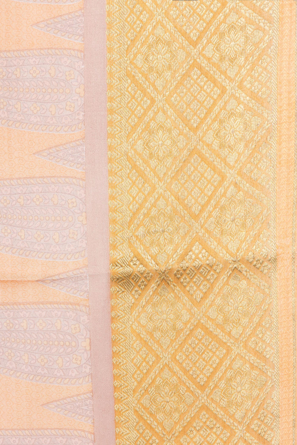 Border image of Peach Dual Tone Mysore Crepe Saree with Printed design on the body and Zari Border. 