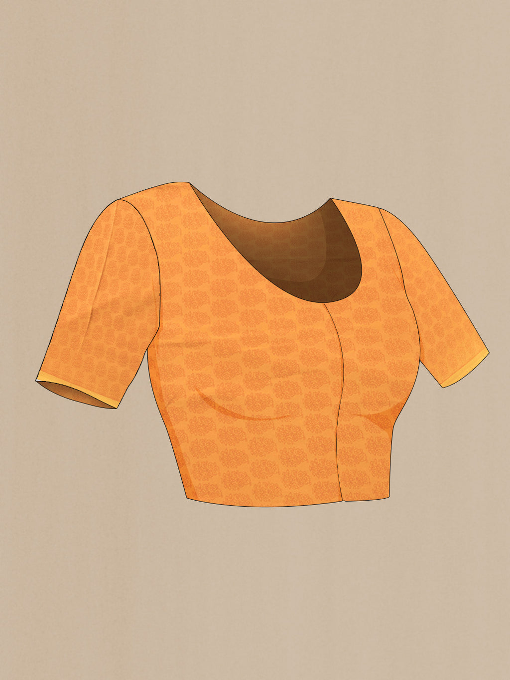 Close up image of the blouse of Mustard Dual Tone Mysore Chiffon Saree with Printed design on the body and Zari Border. 