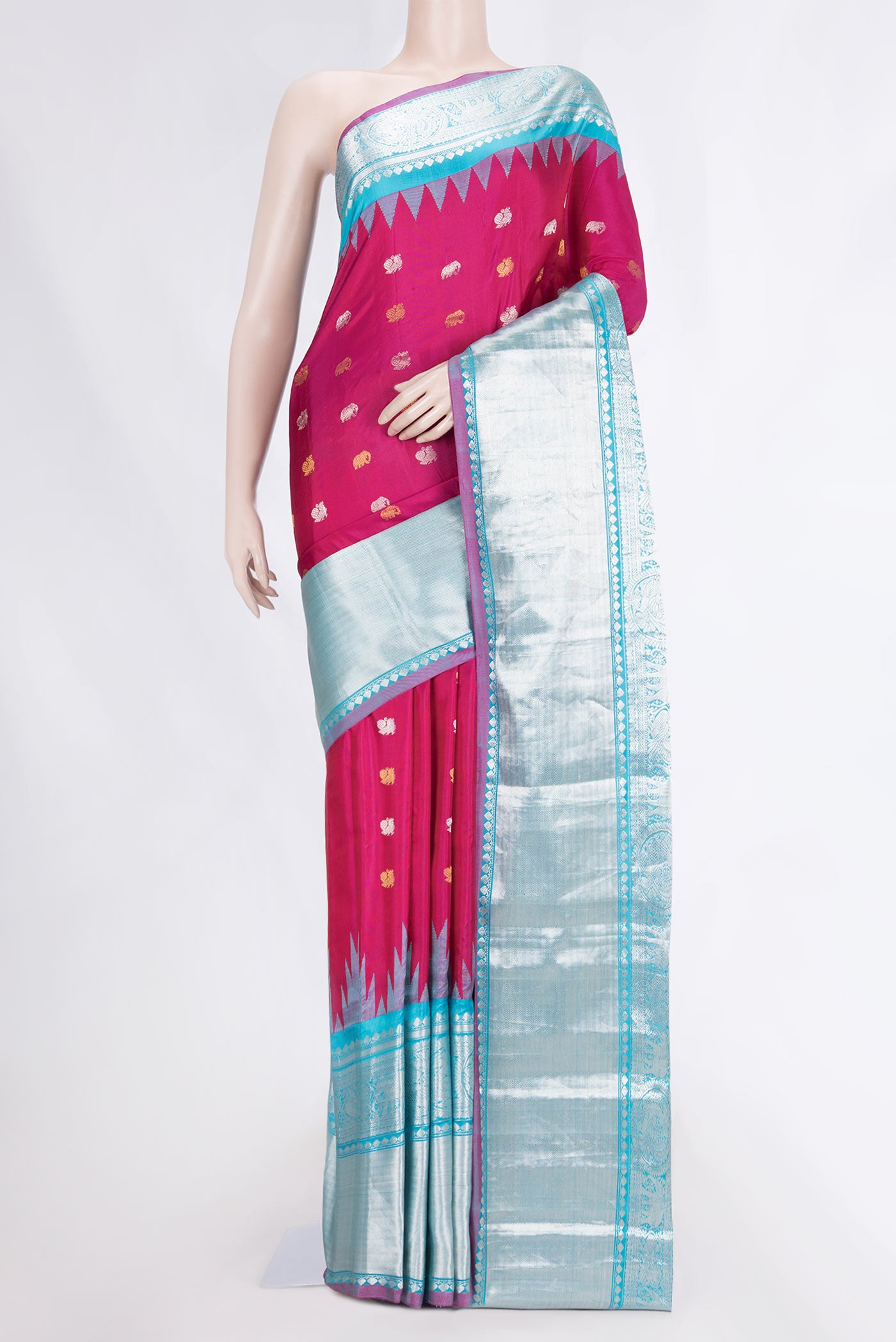 Pink Dual Tone Gadwal Silk Saree with Zari Butta on the body and Zari Border displayed on a mannequin