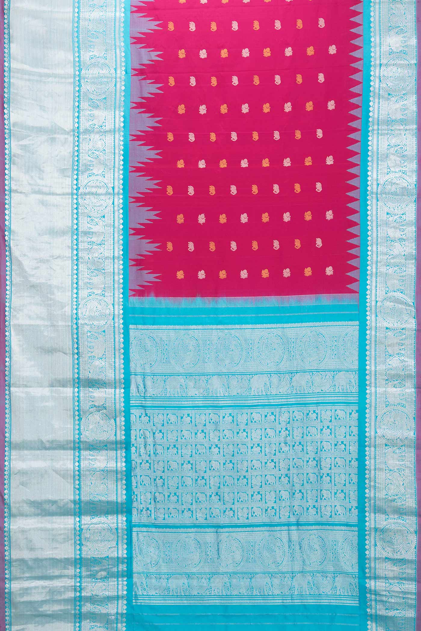 Flat view of Pink Dual Tone Gadwal Silk Saree with Zari Butta on the body and Zari Border