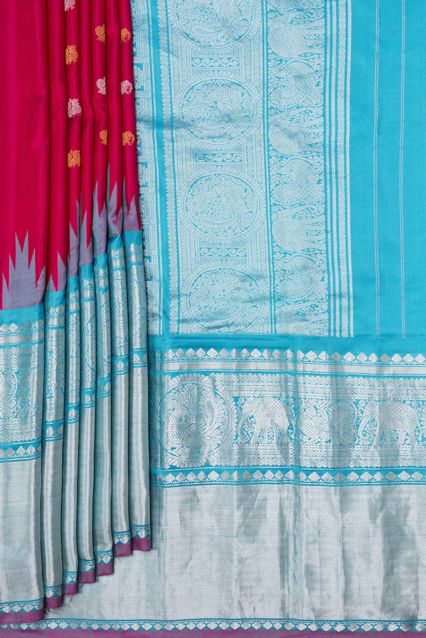 Pleats and pallu of Pink Dual Tone Gadwal Silk Saree with Zari Butta on the body and Zari Border