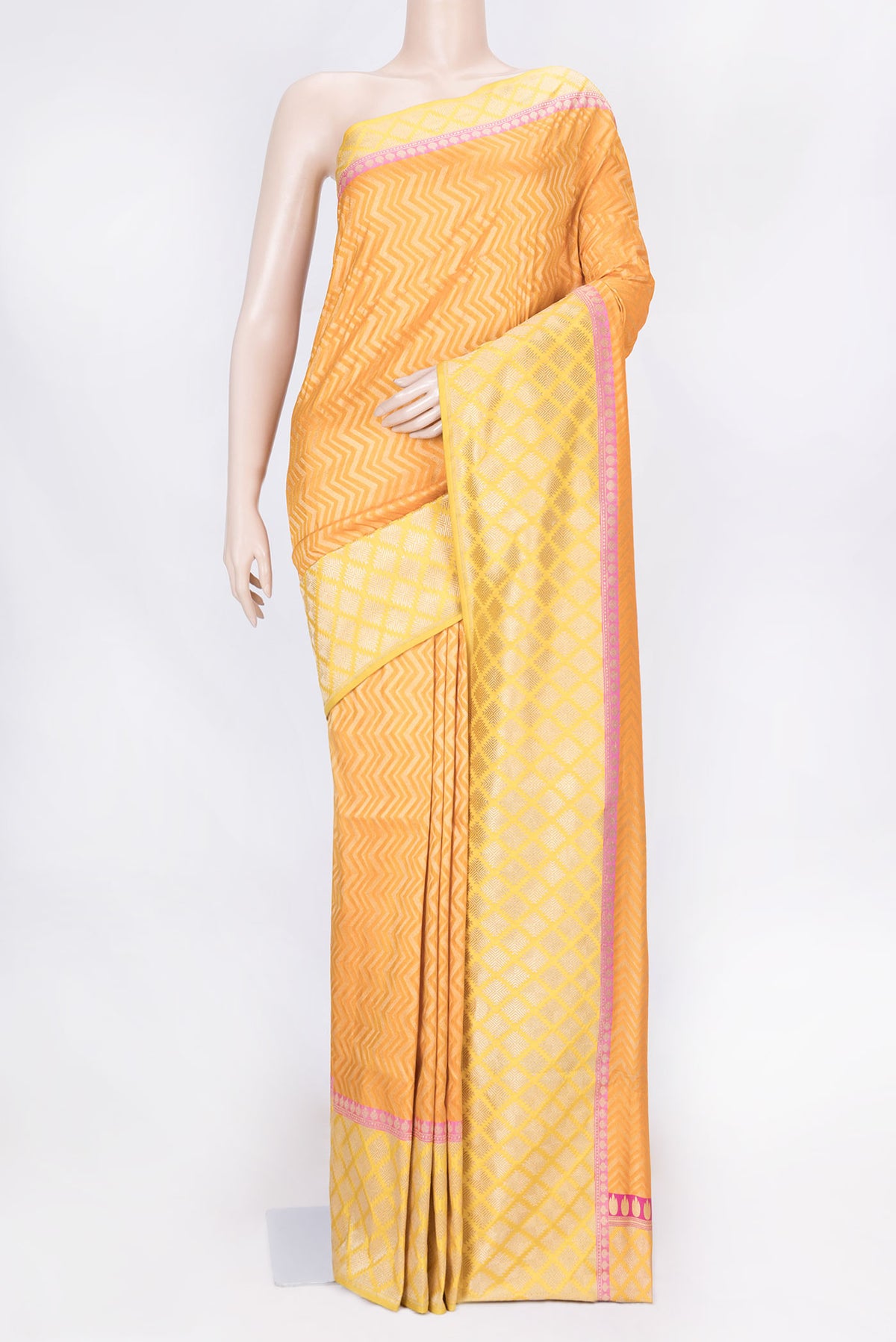 Orange Dual Tone Banarasi Saree with Zari Brocade on the body and Zari Border displayed on a mannequin