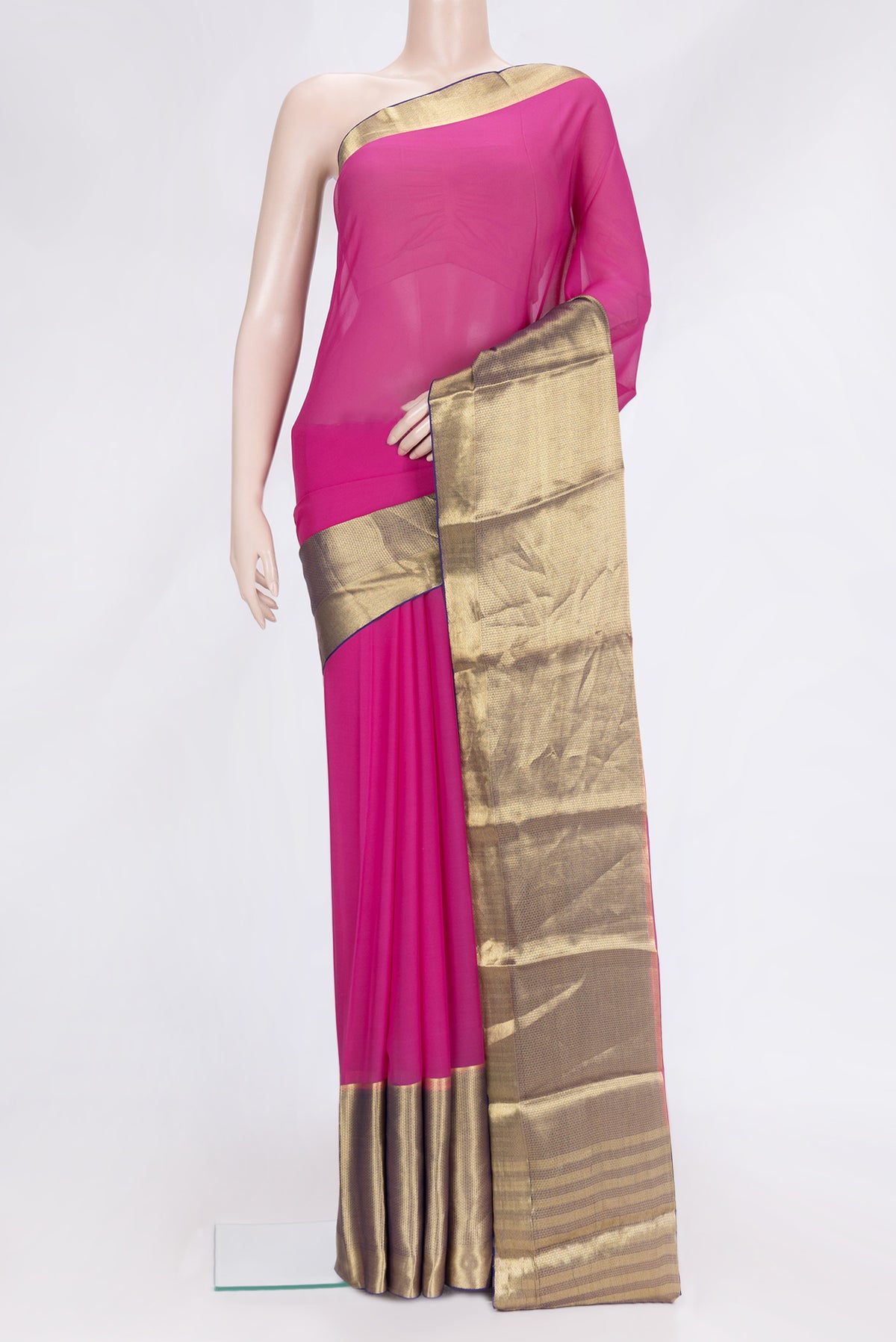 Pink Dual Tone Mysore Silk Saree with Plain Body and Zari Border.  displayed on a mannequin