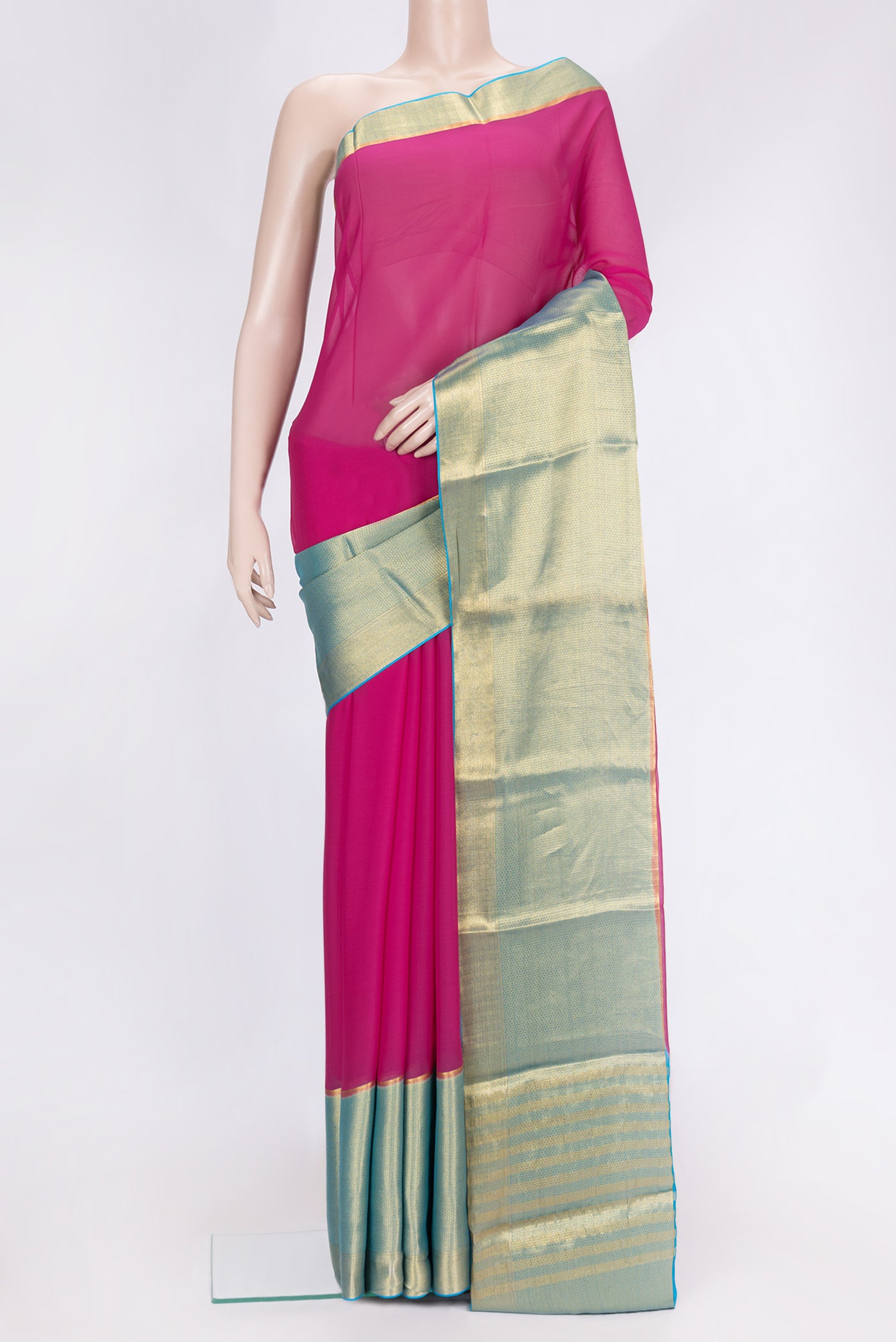 Pink Dual Tone Mysore Georgette Saree with Plain Body and Zari Border.  displayed on a mannequin