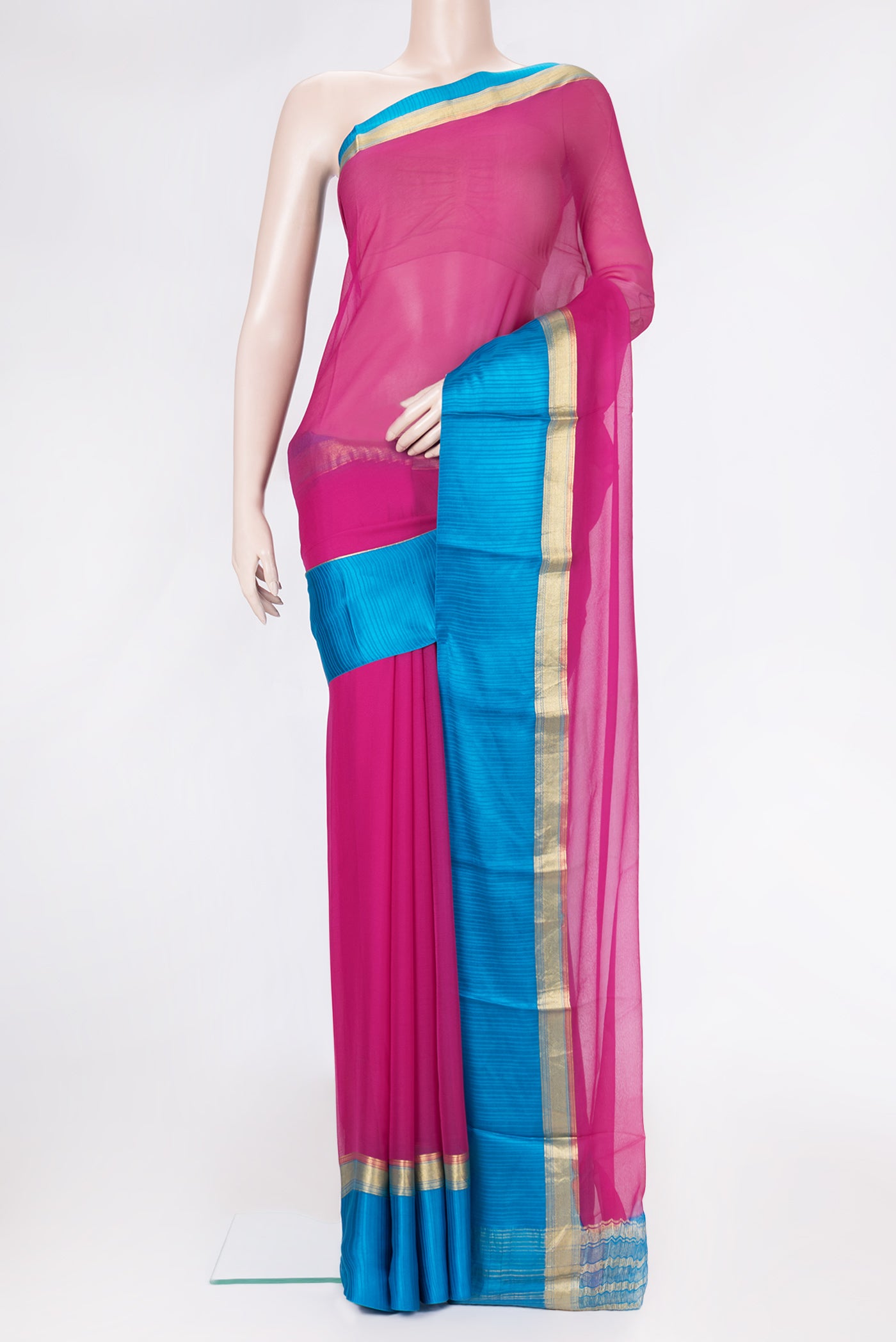 Pink Dual Tone Georgette Saree with Plain Body and Zari Border.  displayed on a mannequin