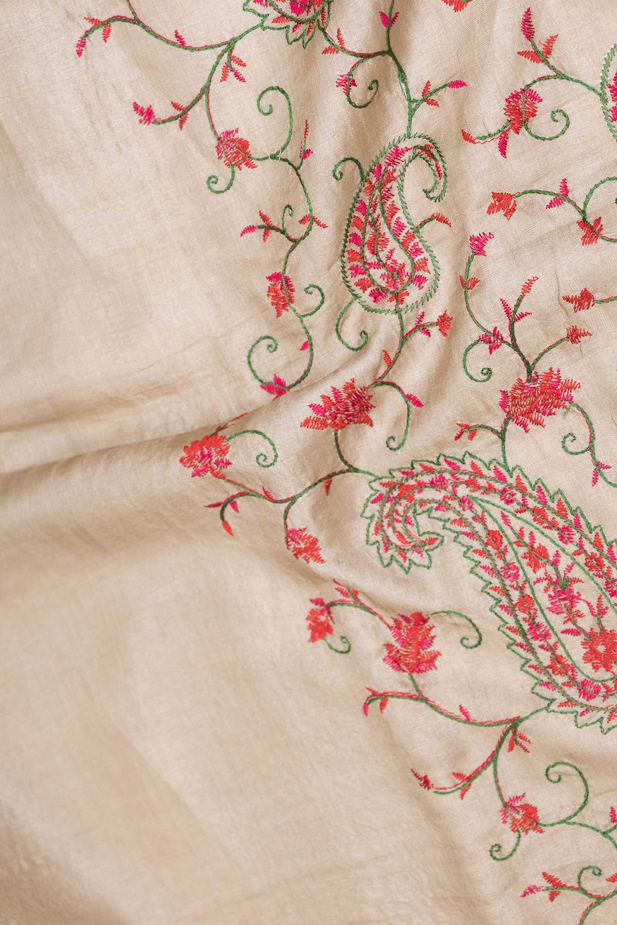 Close up of Beige Dual Tone Tussar Saree with Embroidery on the body and Zari Border displaying folds