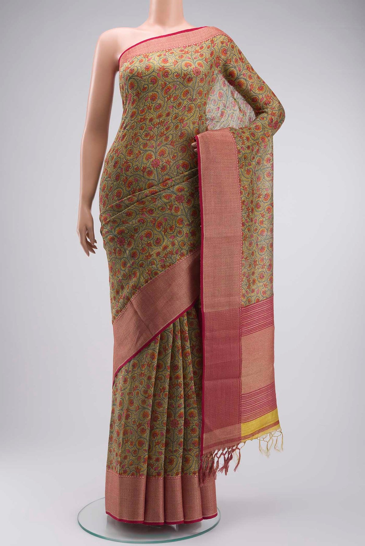 Yellow Bhagalpuri Tussar Silk Saree with Printed design on the body and Thread Border displayed on a mannequin