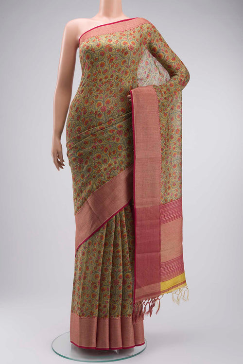 Yellow Bhagalpuri Tussar Silk Saree with Printed design on the body and Thread Border displayed on a mannequin
