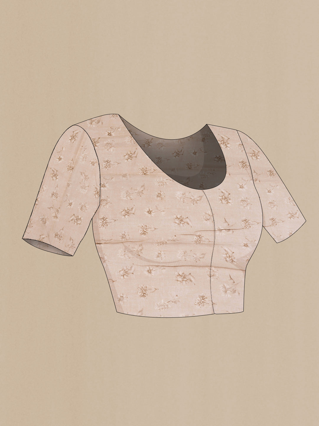 Close up image of the blouse of Peach Dual Tone Linen Saree with Printed design on the body and Zari Border