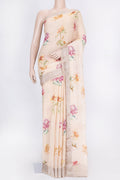 Peach Dual Tone Linen Saree with Printed design on the body and Zari Border displayed on a mannequin