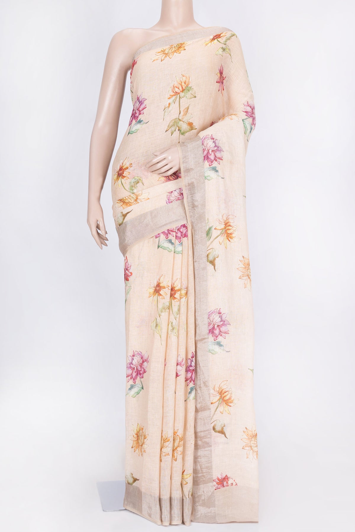 Peach Dual Tone Linen Saree with Printed design on the body and Zari Border displayed on a mannequin