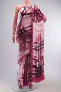 Rose pink Satin Silk Saree with Abstract Print on the body and Plain Border displayed on a mannequin