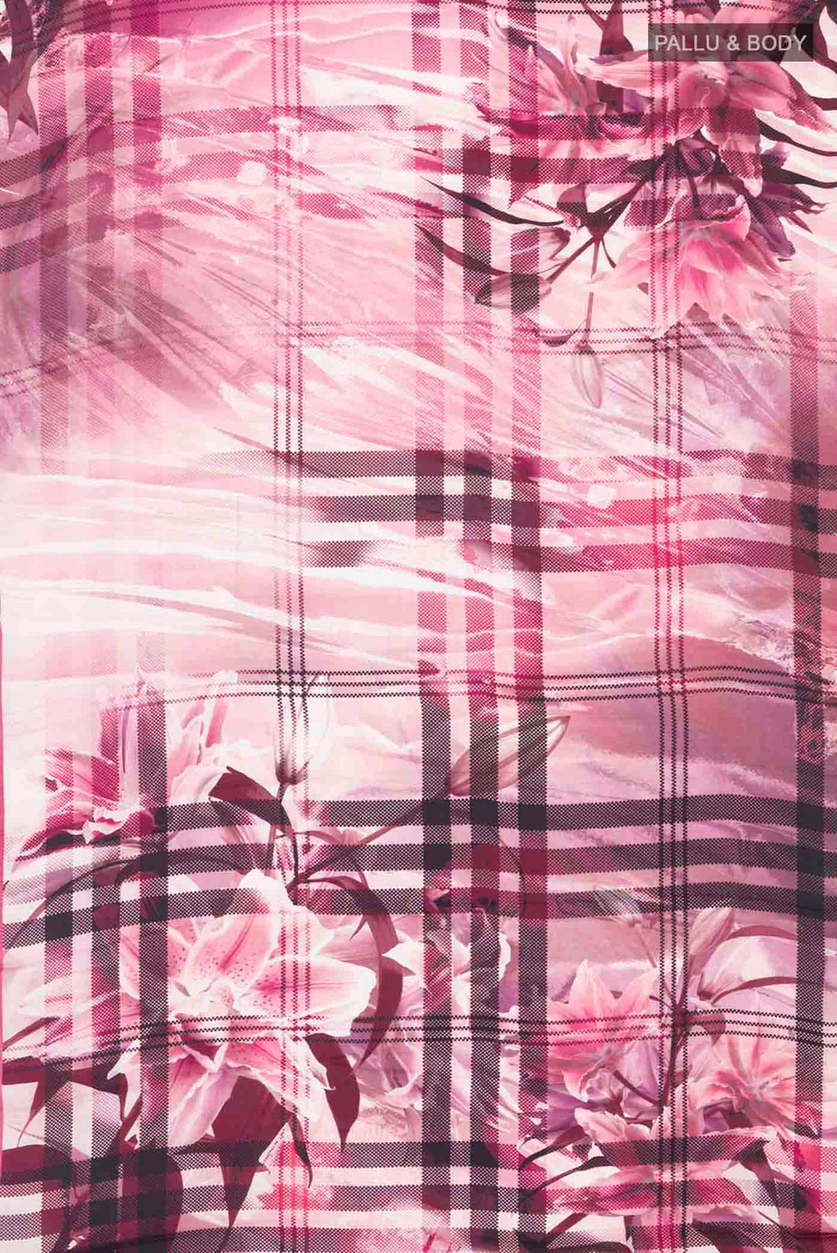 Flat view of Rose pink Satin Silk Saree with Abstract Print on the body and Plain Border