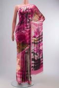 Pink Satin Silk Saree with Abstract Print on the body and Plain Border displayed on a mannequin