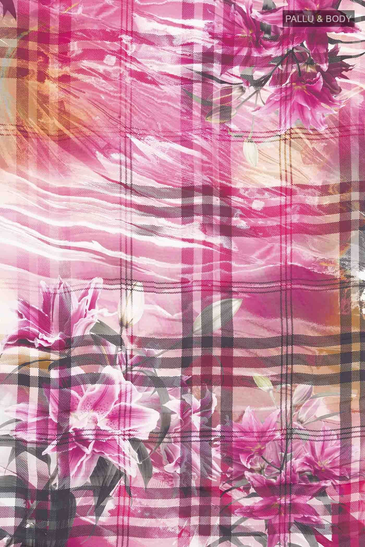 Flat view of Pink Satin Silk Saree with Abstract Print on the body and Plain Border