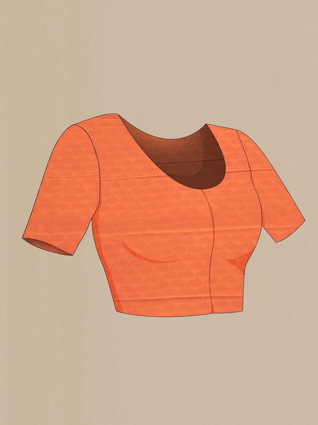 Close up image of the blouse of Orange Dual Tone Mysore Crepe Saree with Printed design on the body and Printed Border. 