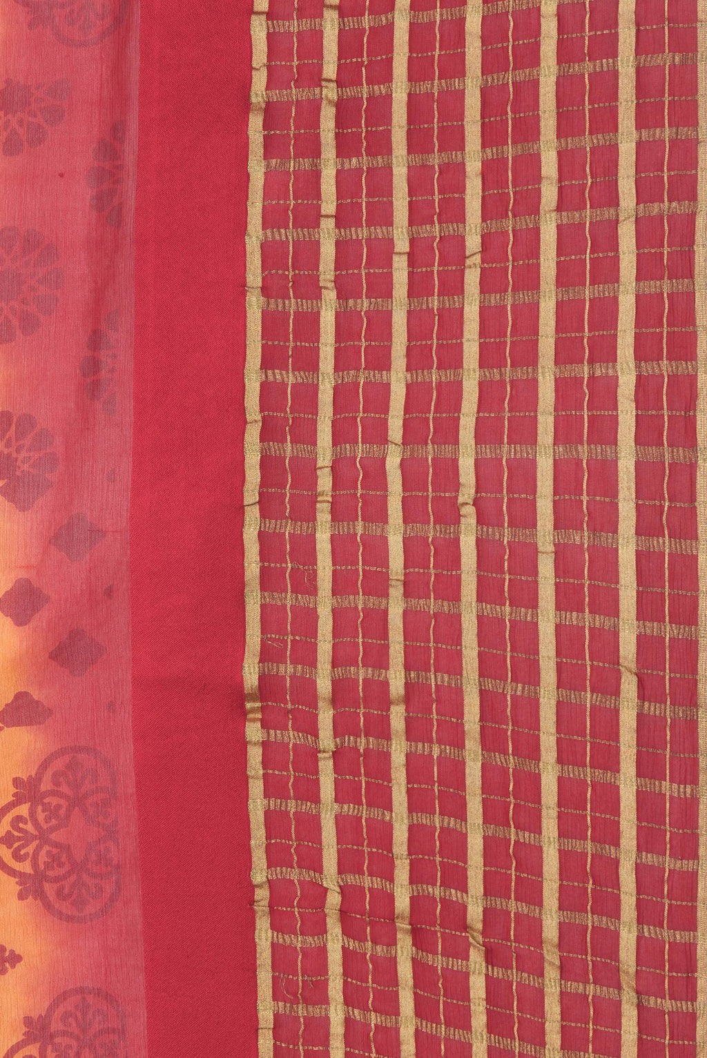 Border image of Orange Dual Tone Chiffon Saree with Printed design on the body and Checks Border. 