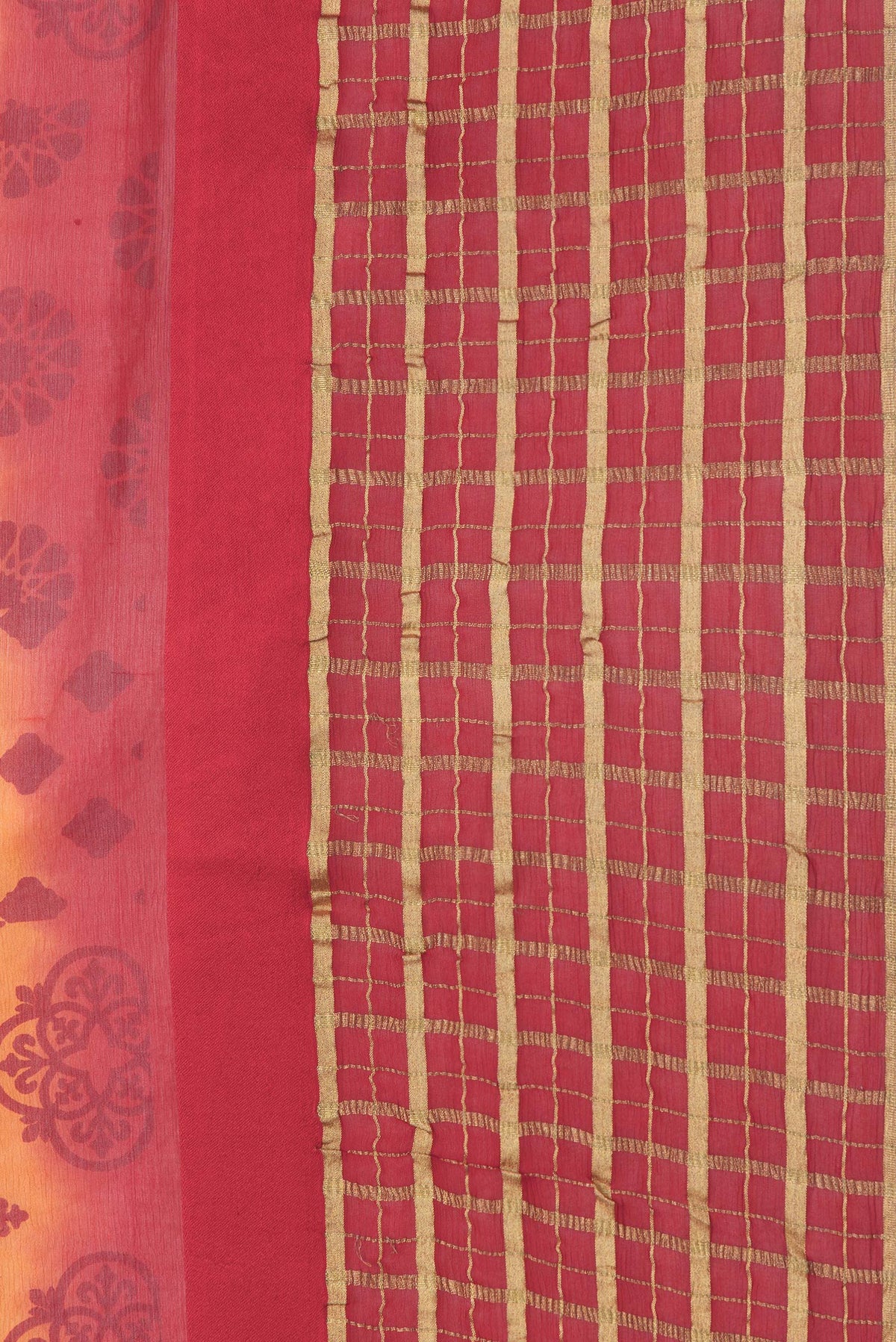 Border image of Orange Dual Tone Chiffon Saree with Printed design on the body and Checks Border. 