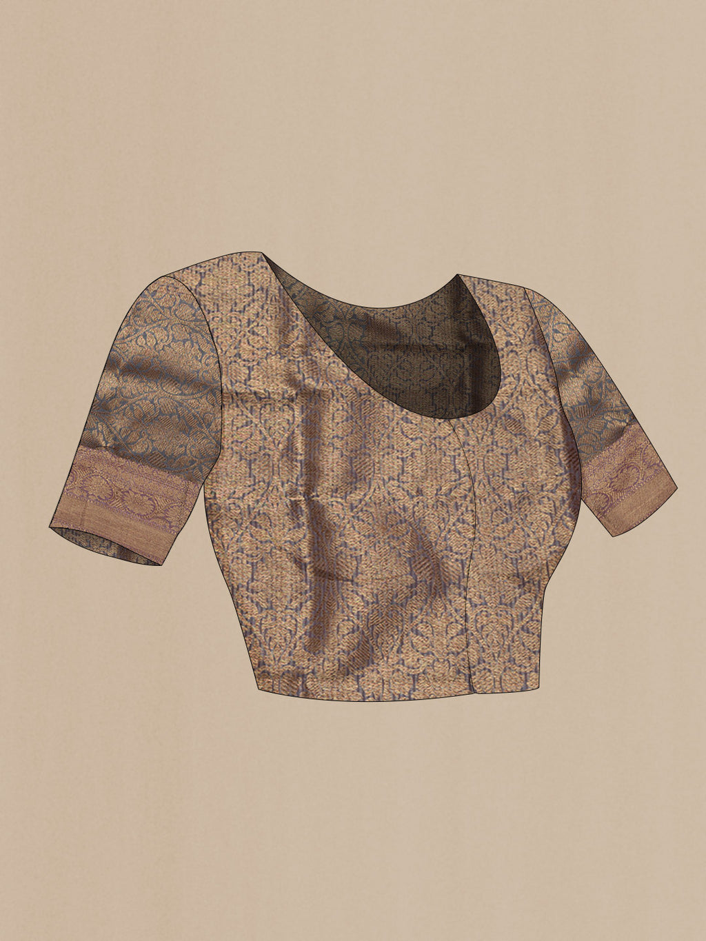 Close up image of the blouse of Grey Dual Tone Banarasi Silk Saree with Stripes on the body and Zari Border. 