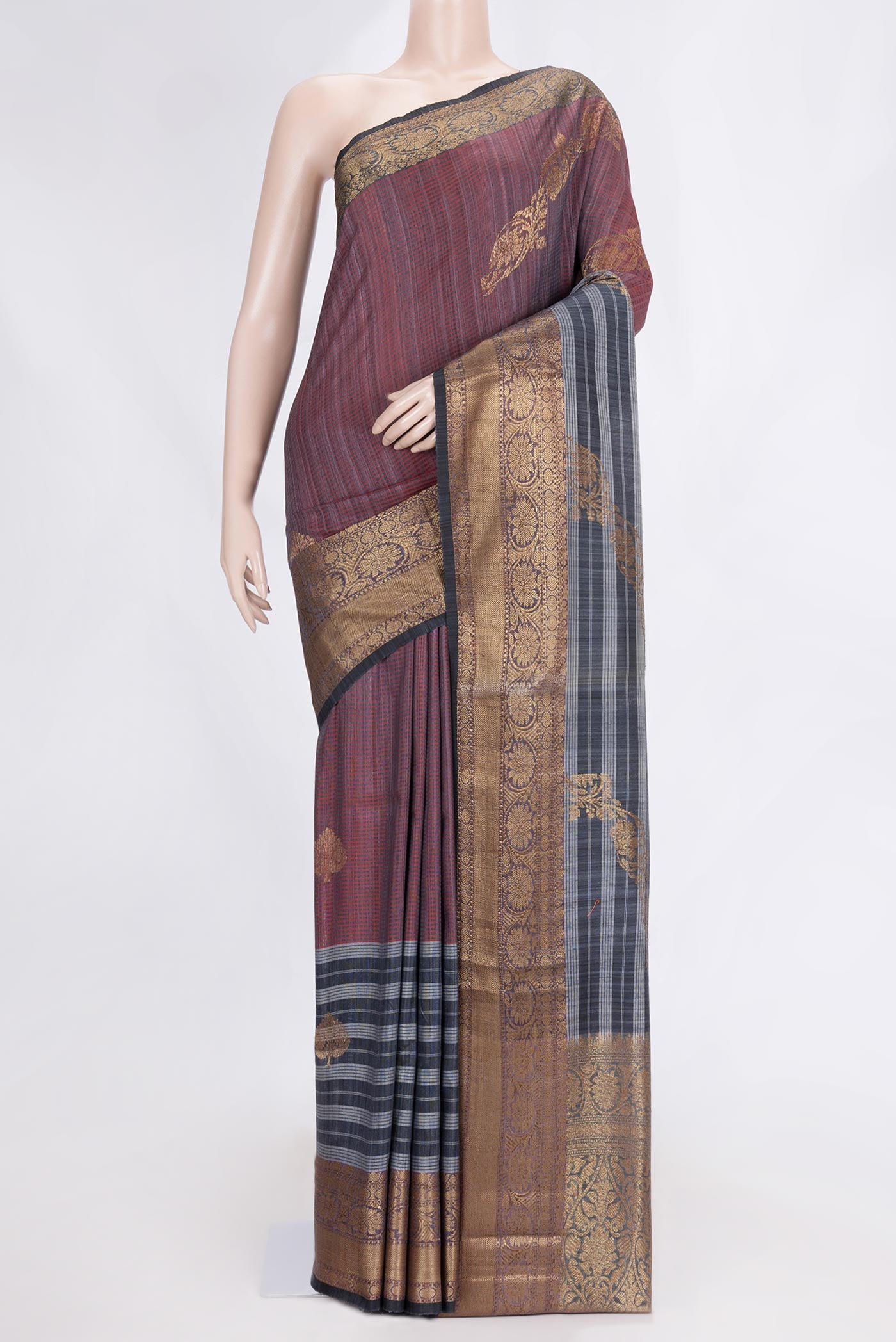 Grey Dual Tone Banarasi Silk Saree with Stripes on the body and Zari Border.  displayed on a mannequin