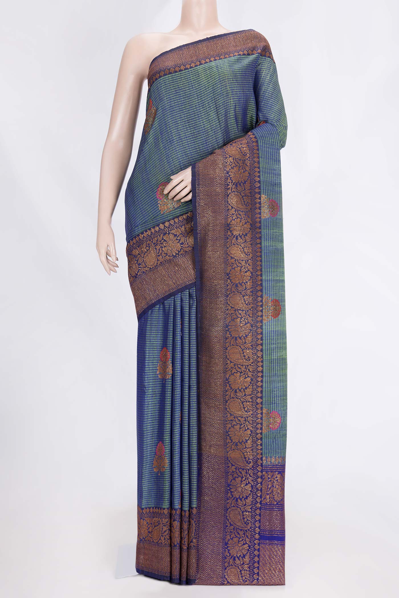 Green Dual Tone Banarasi Silk Saree with Stripes on the body and Zari Border.  displayed on a mannequin