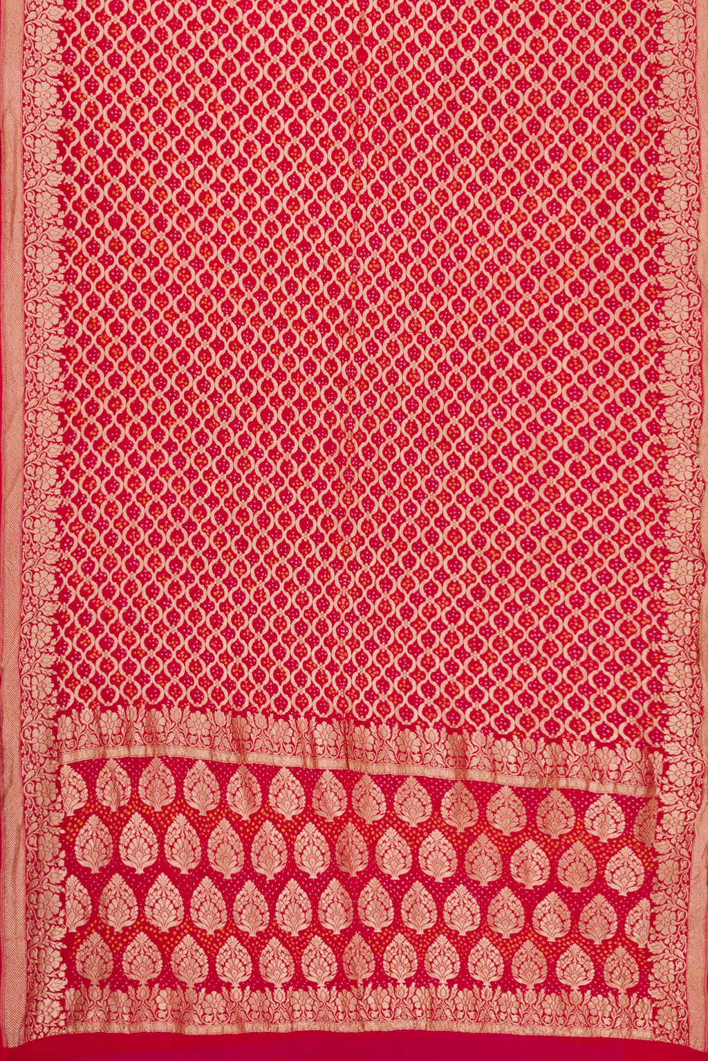 Flat view of Red Dual Tone Banarasi Georgette Saree with Zari Brocade on the body and Fancy Border. 