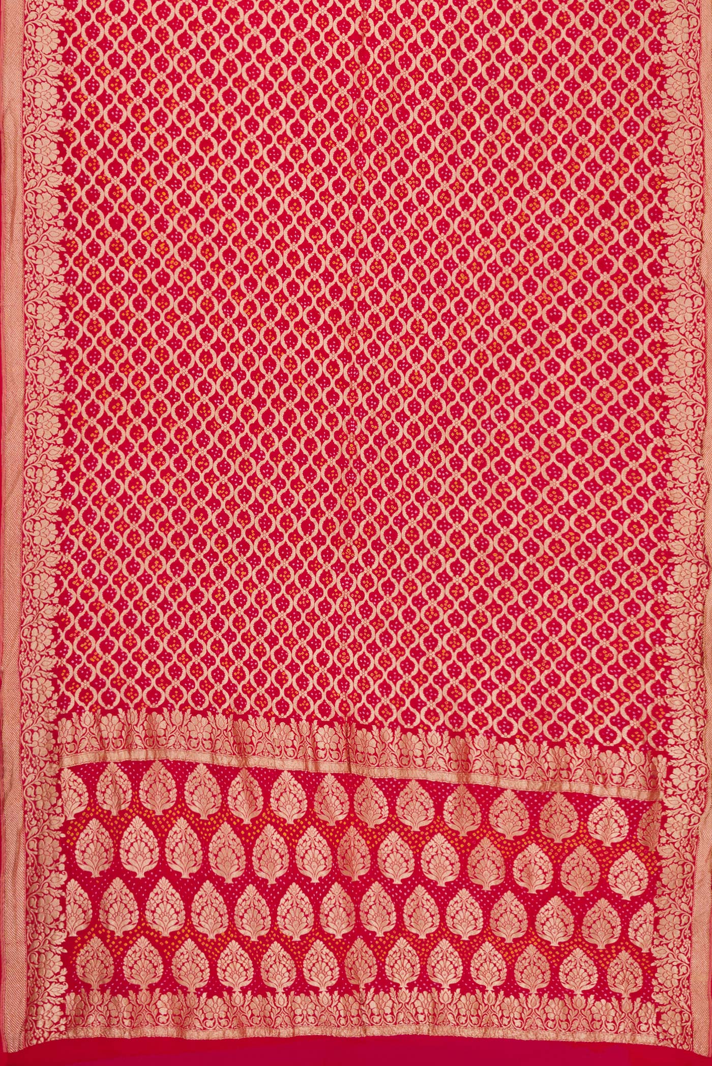 Flat view of Red Dual Tone Banarasi Georgette Saree with Zari Brocade on the body and Fancy Border. 