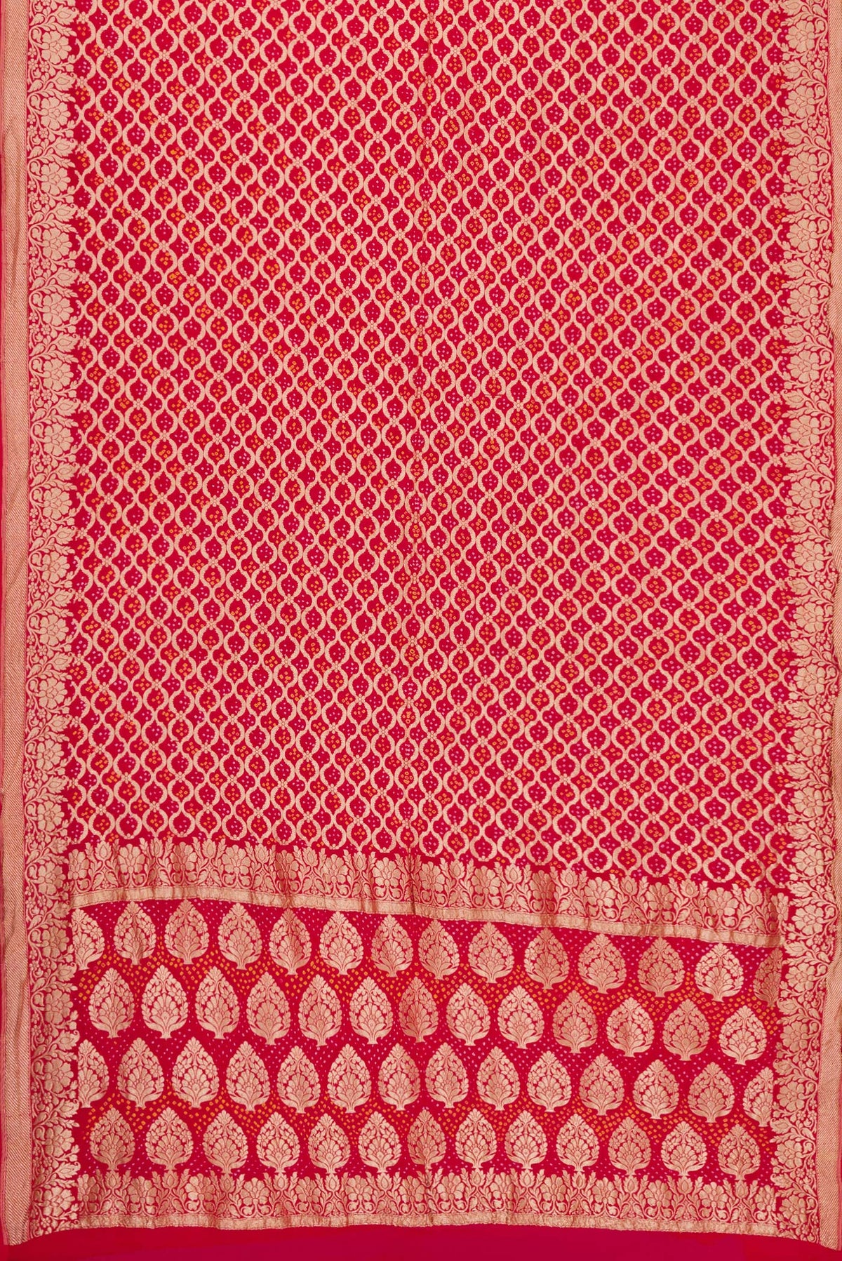 Flat view of Red Dual Tone Banarasi Georgette Saree with Zari Brocade on the body and Fancy Border. 