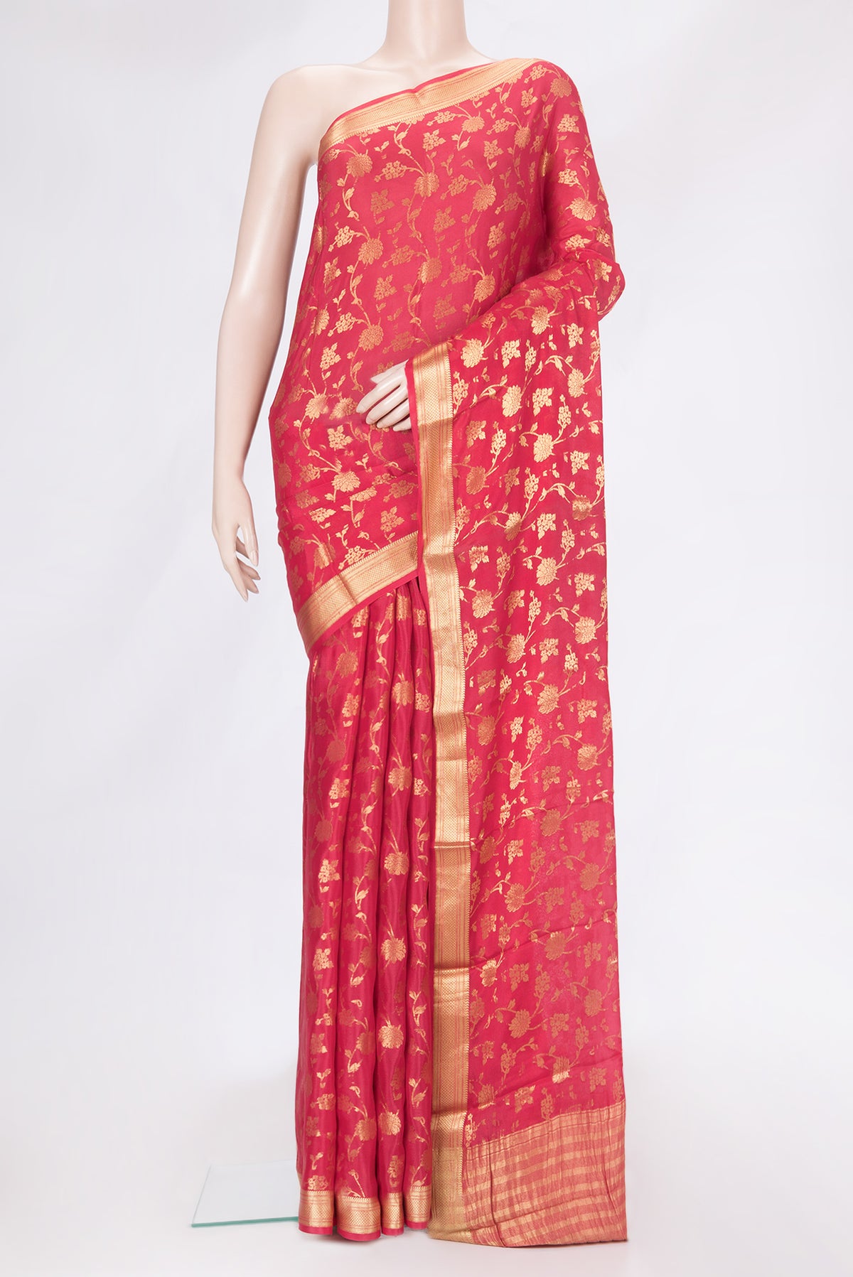 Pink Dual Tone Georgette Saree with Zari Brocade on the body and Zari Border.  displayed on a mannequin