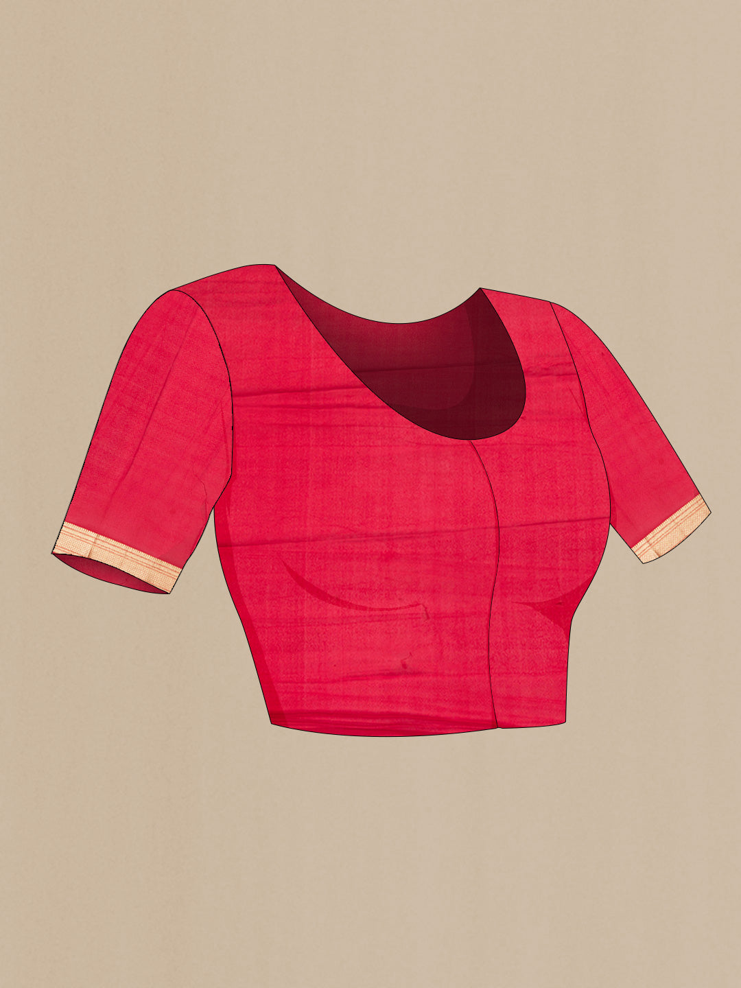 Close up image of the blouse of Red Mysore Crepe Saree with Zari Brocade on the body and Zari Border