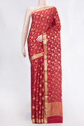 Red Mysore Crepe Saree with Zari Brocade on the body and Zari Border displayed on a mannequin