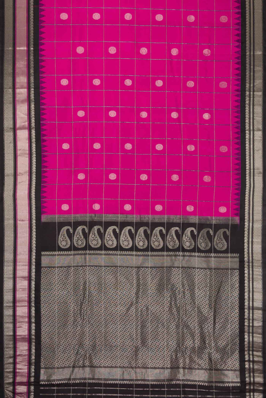 Flat view of Pink Dual Tone Gadwal Silk Saree with Checked design on the body and Zari Border